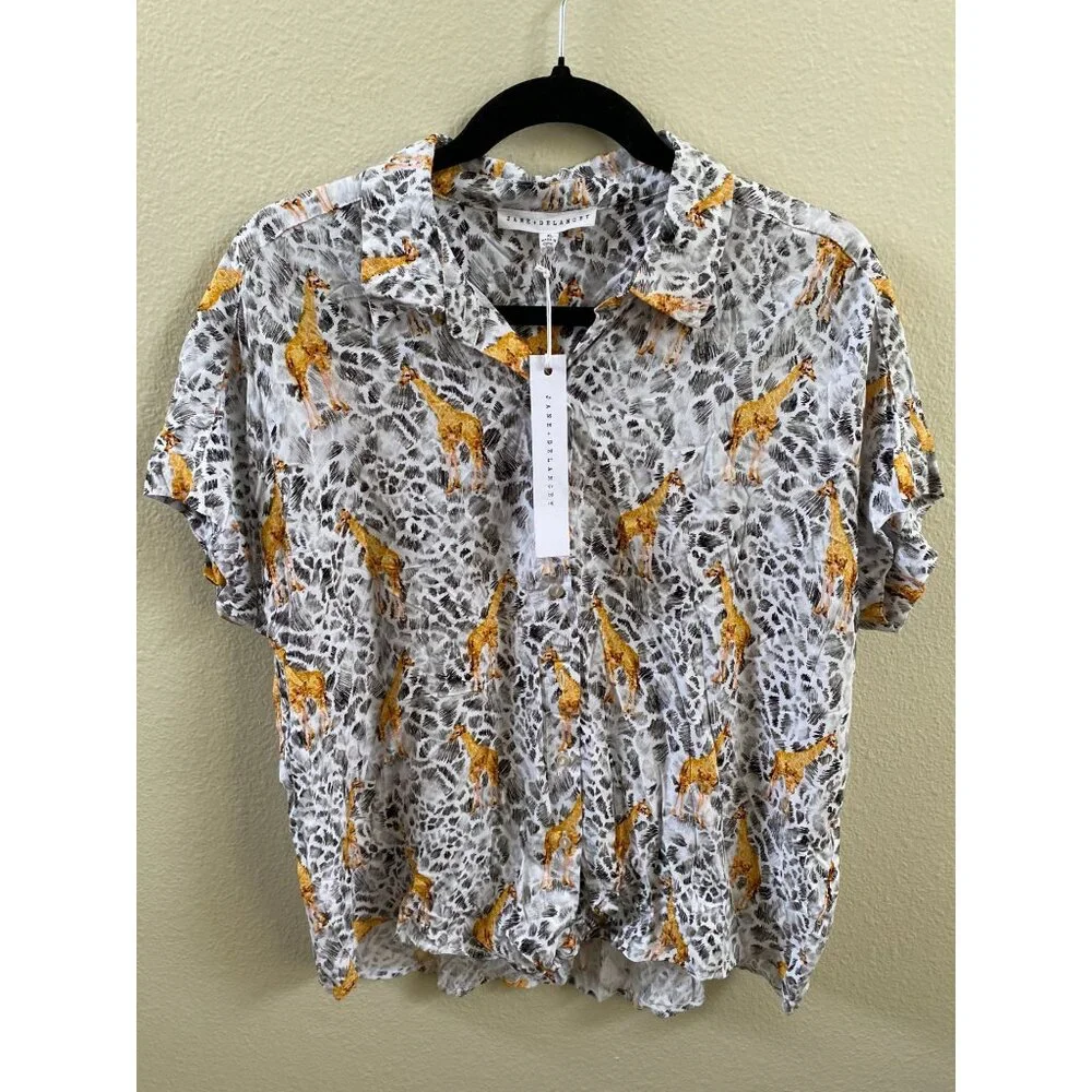 Jane + Delancey XL Giraffe Print Button-Up Blouse Lightweight Shirt Rayon NEW - Picture 2 of 8